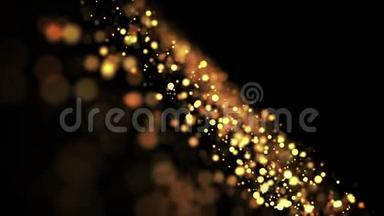 金色闪闪发光的粒子在粘稠的液体中移动。 它明亮的节日背景和闪闪发光的粒子深度